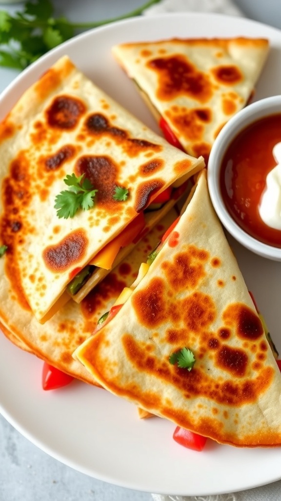 Crispy oven-baked quesadillas filled with cheese and peppers, served with salsa and sour cream.